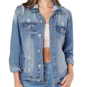 Ci Sono Boyfriend Distressed Ripped Denim Jacket
